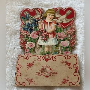 Antique 1900s Pull Down Pop Out Valentine's Day Card. Girl Flowers